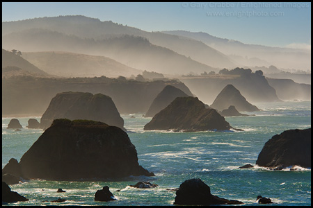 Photo: Seastacks, morning light, and fog along the coast near Elk, Mendocino County, California