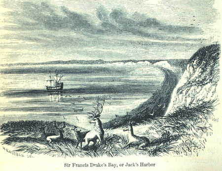 Picture: Fanciful view of Drake's Bay with the Drake's vessel, the GOLDEN HIND, at anchor Drake sailed on the California coast in 1577