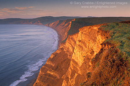 Picture: Sunrise light on cliffs above Drakes Bay, Point Reyes National Seashore, Marin County, California