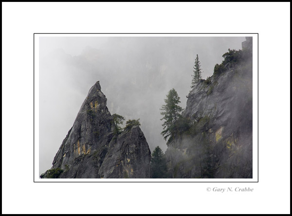 Picture: Jagged granite cliffs and trees in misty clouds, Yosemite National Park, California