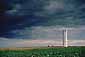 Spring storm clouds over tractors and silo in agricultural crop fields, Central Valley, California