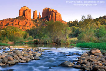 Sunset light on Courthouse Rock, above Oak Creek, Oak Creek Canyon, near Sedona, Arizona