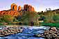 Sunset light on Courthouse Rock, above Oak Creek, Oak Creek Canyon, near Sedona, Arizona