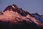 Alpenglow at sunrise on glacier covered mountain peak, near Brackendale, Sea-to-Sky Road, British Columbia, Canada