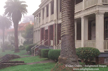 Presidio building in fog, San Francisco, California