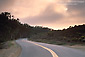 Sunset through coastal fog over twisting country road, Montana del Oro State Park, near Morro Bay, Central Coast, California