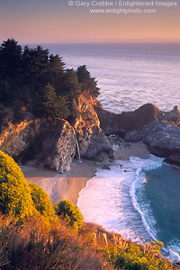 Sunset over Waterfall drains into Pacific Ocean, Julia Pfeiffer Burns State Park, Big Sur Coast, California