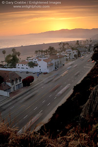Sunset over the Pacific Coast Highway and sand beach, Santa Monica, Los Angeles County Coast, Southern California
