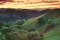 Sunset over rolling green hills and oak trees in spring,  Mount Diablo State Park, Contra Costa County, California