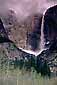 Yosemite Falls shrouded by storm clouds in spring, Yosemite Valley, Yosemite National Park, California