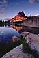 Alpenglow at sunset on Cathedral Peak and mountain lake, Tioga Pass Region, High Sierra, Yosemite National Park, California