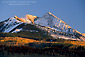 Aspen trees and mountain peak at sunset, Rocky Mountains, Colorado