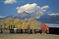 Red Barn and coral in fall below 14,000 foot peak in the Rocky Mountains, near Buena Vista, Colorado