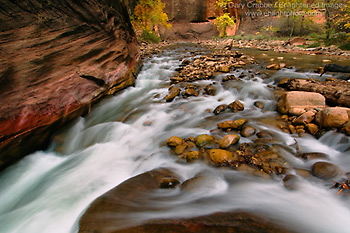 The Virgin River flowing over rocks in The Narrows, Zion National Park, Utah