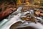 The Virgin River flowing over rocks in The Narrows, Zion National Park, Utah