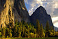 Sunset light on the base of Cathedral Rock, Yosemite Valley, California