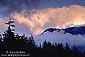 Clearing storm clouds part at sunset over a forest in the Pacific Northwest, near Vancouver, British Columbia, Canada
