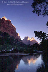 Morning light on sandstone cliffs above the Virgin River, Zion Canyon, Zion National Park, Utah