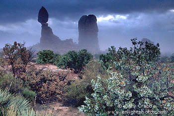 Stormy morning mist at Balanced Rock, Arches National Park, Utah
