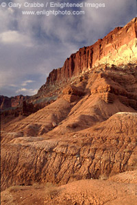Sunset light on red rock cliffs, Capitol Reef National Park, Southern Utah