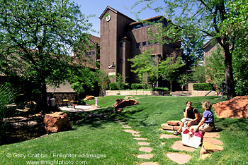 Image: Shoppers relax under trees in Pioneer Square, St. George, Utah's Dixie, Utah