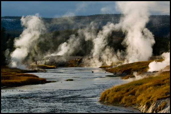Photo: Geothermal vents and steam along the Firehole River, Upper Geyser Basin, Yellowstone National Park, Wyoming